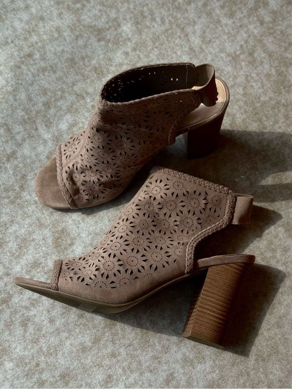 LC Lauren Conrad 9.5 Taupe Laser Cut Peep Toe Heel Sandals